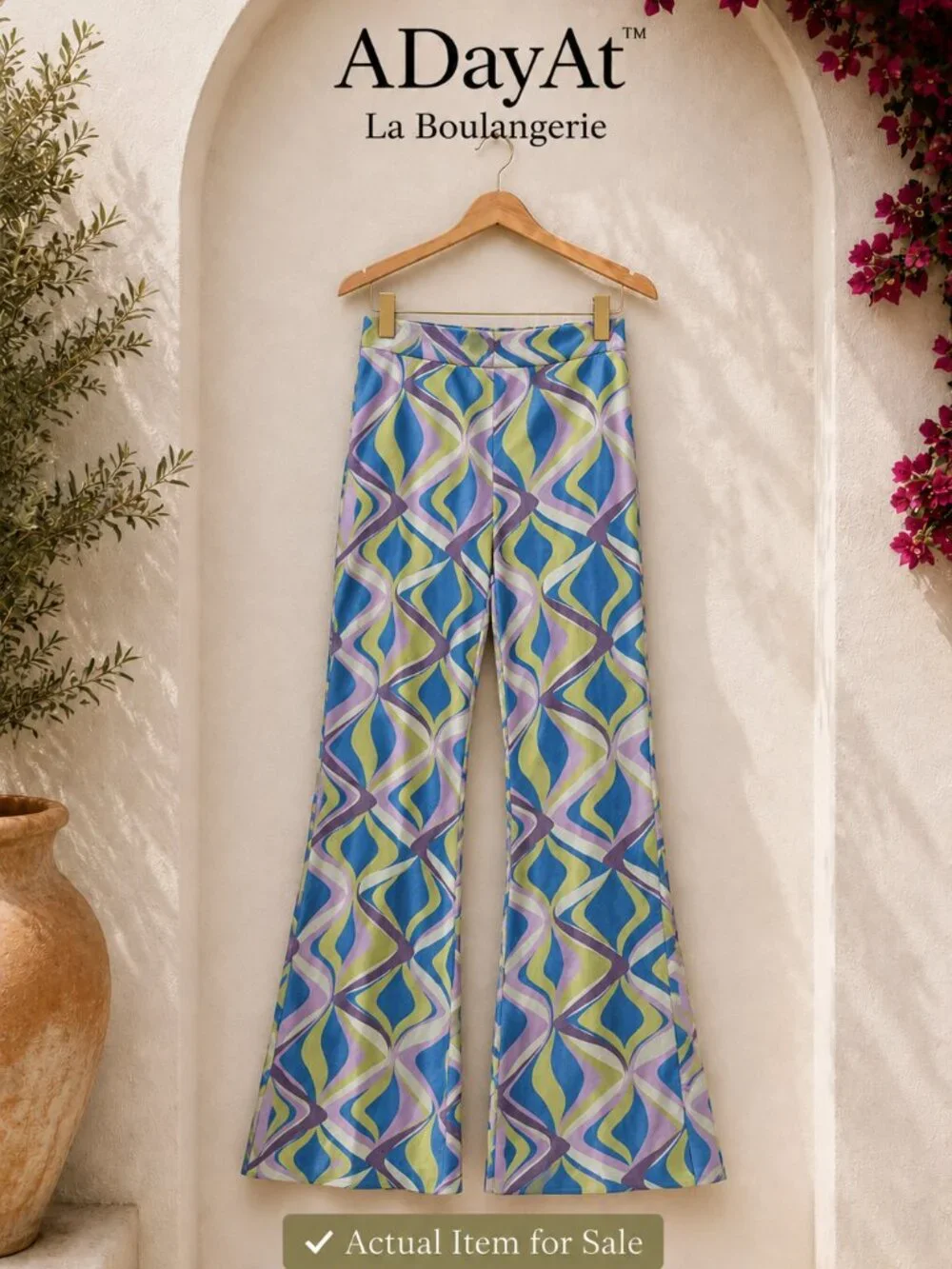 Zara NWT Linen Blend Retro Bell Bottom Pants Abstract Print Size S